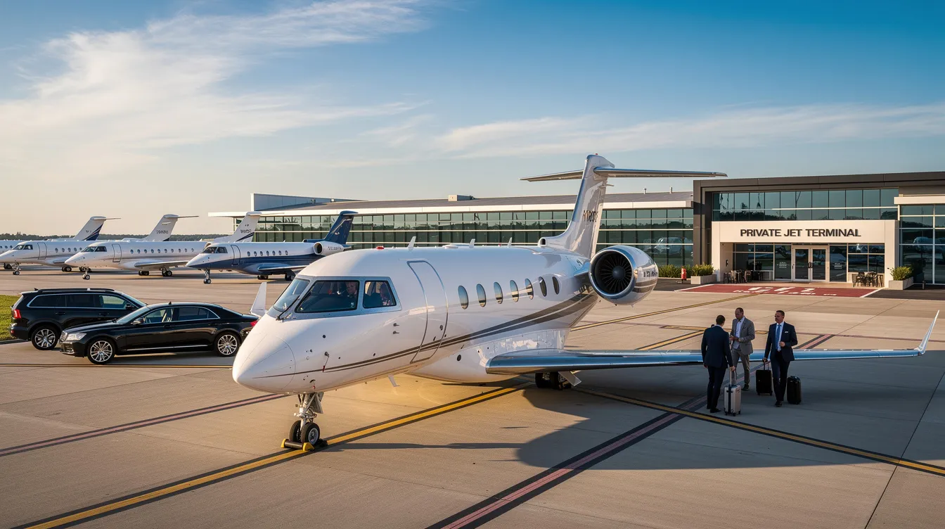 The image depicts a sleek private jet on the tarmac of an airport, symbolizing the luxury and efficiency of private aviation. It represents the services offered by companies like Vista Global, showcasing the freedom and convenience of on-demand charter flights for clients seeking a personalized travel experience.