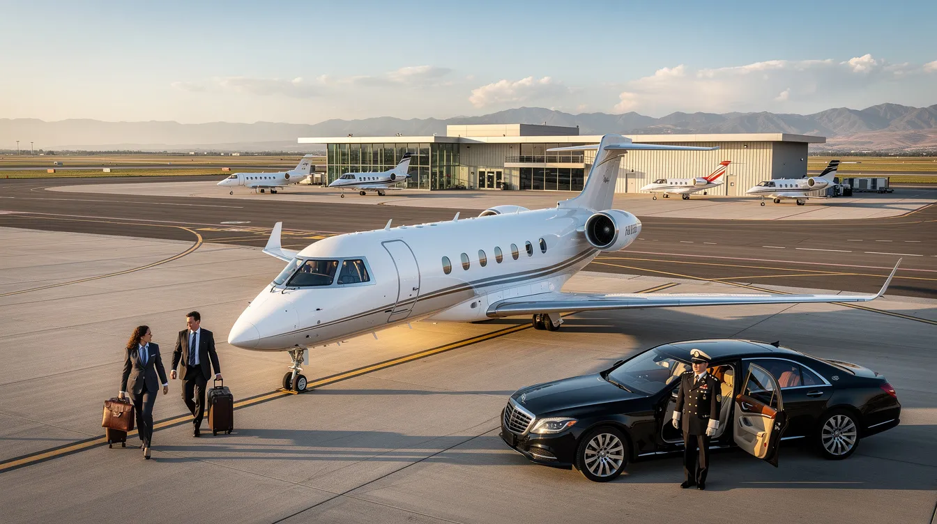 The image depicts a sleek private jet on the tarmac of an airport, symbolizing the luxury and efficiency of private aviation. It represents the services offered by companies like Vista Global, showcasing the freedom and convenience of on-demand charter flights for clients seeking a personalized travel experience.