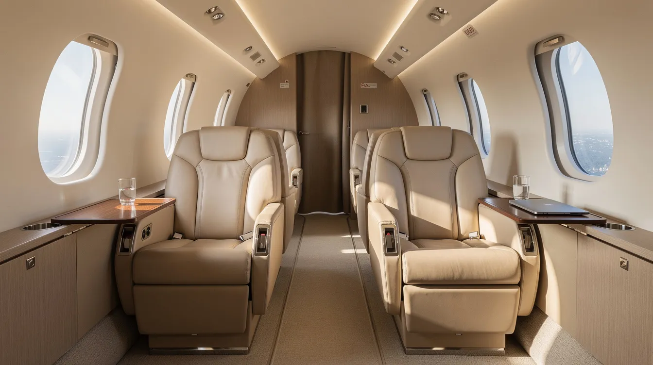 The image shows the interior of a luxurious private jet cabin featuring plush leather seats and ample natural lighting, creating an inviting atmosphere for passengers. This elegant space highlights the premium experience of commercial aviation, catering to those who appreciate the finer aspects of flying.