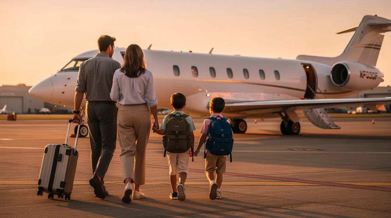 A family is walking across the tarmac towards a waiting private jet, ready for their flight. The scene captures the excitement of travel, highlighting the personal aspect of aviation as they approach their aircraft.