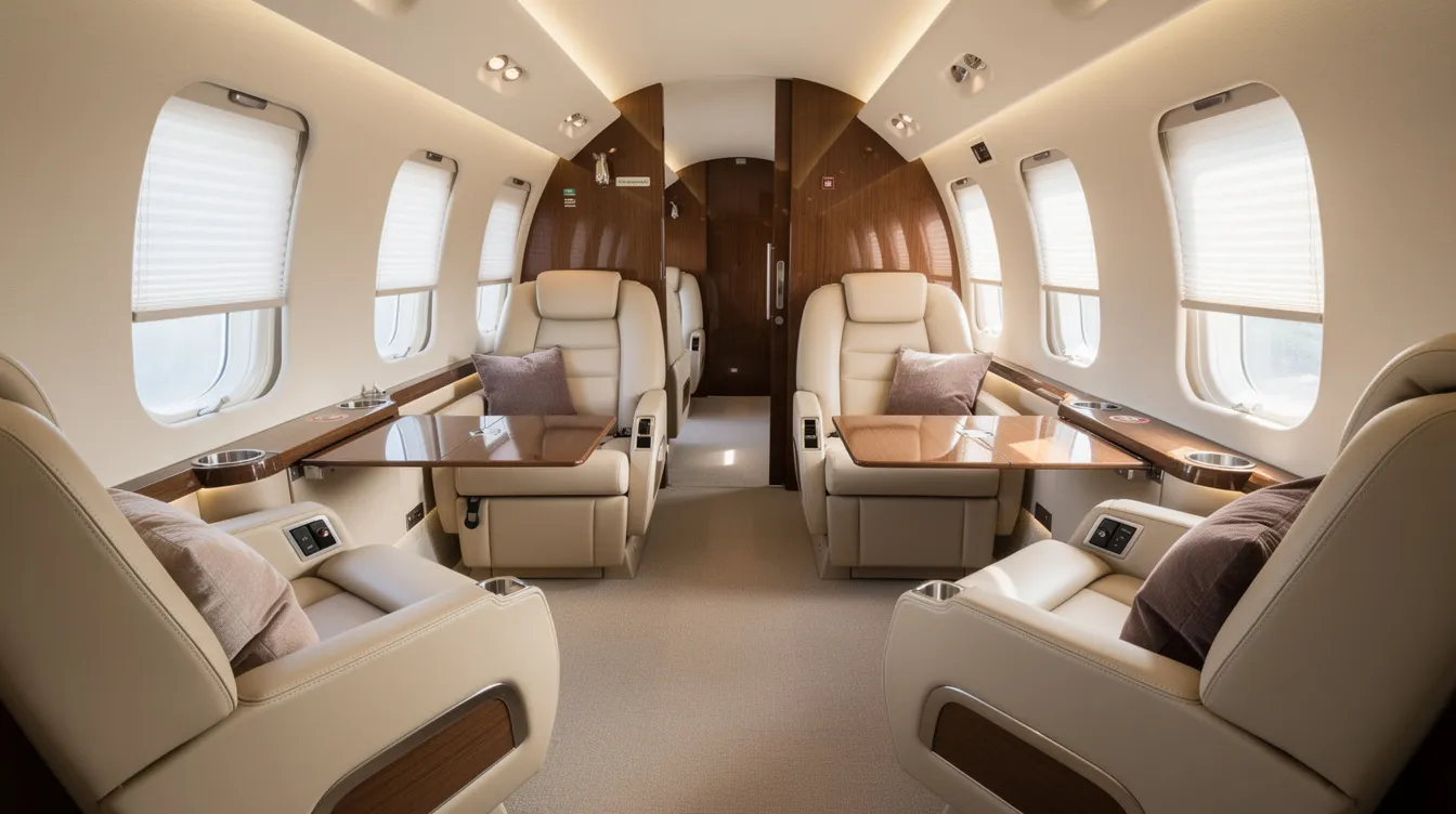 The image depicts the luxurious interior of a Gulfstream aircraft, featuring cream leather seats arranged in a club configuration, providing a spacious and elegant atmosphere for passengers. The cabin is designed for comfort and style, ideal for long-range flights in a business jet setting.