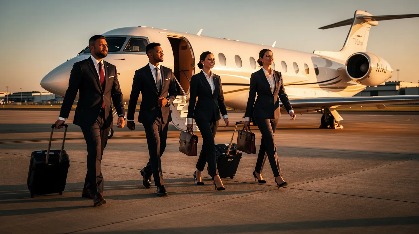 A group of business professionals in tailored suits walks purposefully toward a Gulfstream aircraft on the tarmac, ready for their flight in this luxurious business jet. The Gulfstream IV, known for its long-range capabilities and spacious cabin, is poised for takeoff, showcasing its impressive wing span and sleek design.