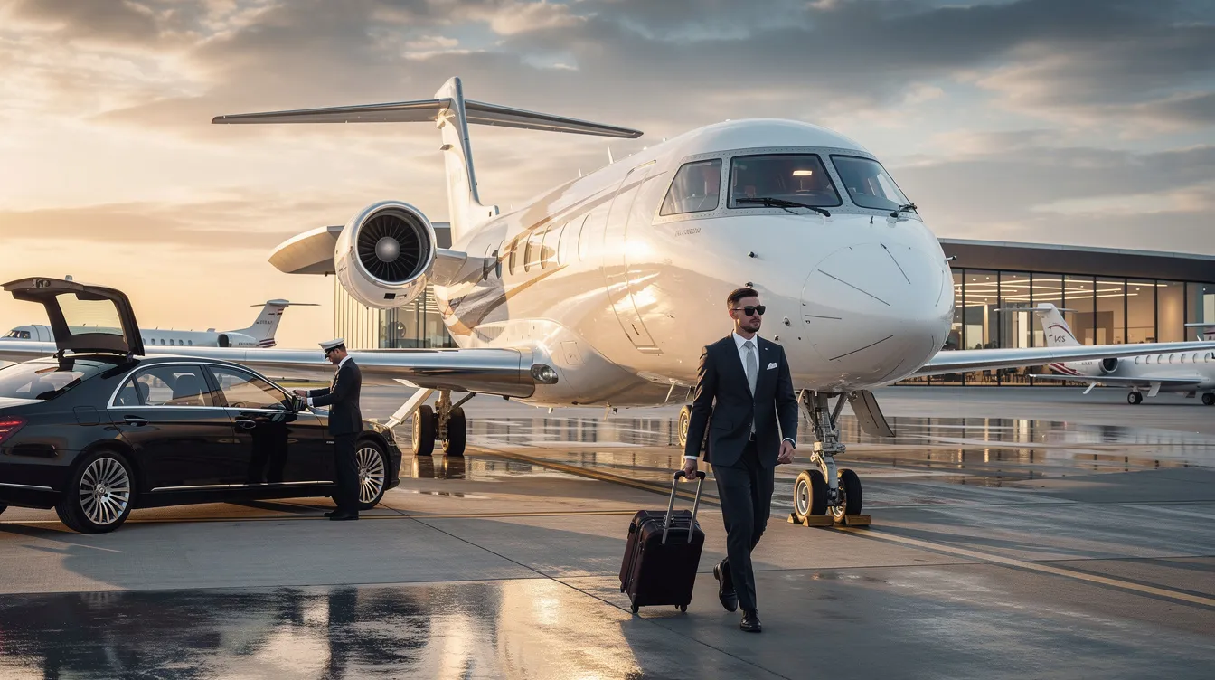 The image depicts a luxurious private jet, symbolizing exclusive private jet travel aboard, with a serene sky in the background. It highlights the opportunity for adventure and convenience in flying solo or with friends, showcasing the elegance of private aviation for a select group of passengers.