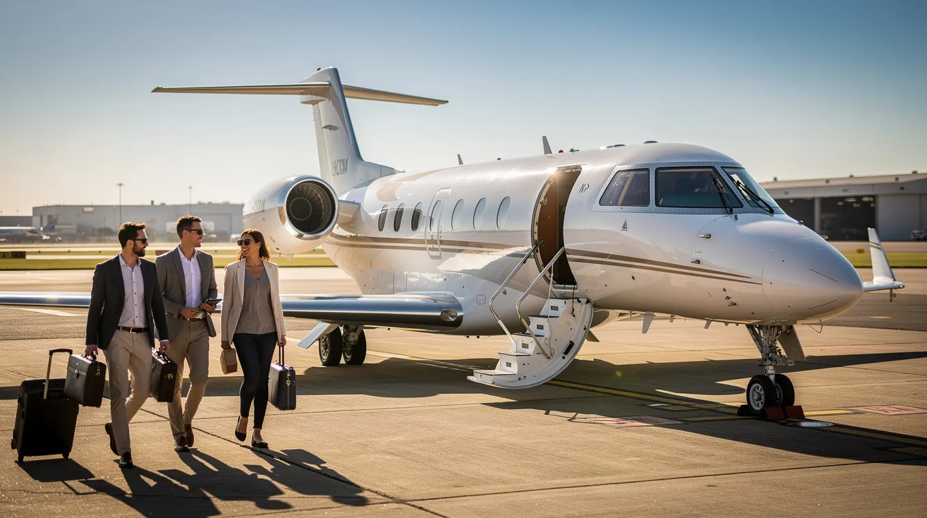 A small private jet is parked on a sunny airport tarmac, with passengers walking toward it, ready for their adventure in private jet travel. The scene captures the excitement of upcoming flights as friends and family prepare for their journey.