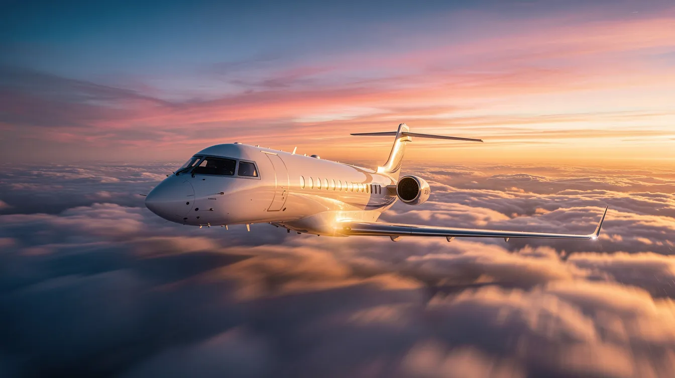 A light business jet, resembling the Hawker 400XP, soars above a sea of clouds during a vibrant sunset, showcasing its sleek design and impressive cruising speed. The spacious cabin can accommodate up to seven passengers, making it ideal for in-flight meetings and short trips in executive aviation.