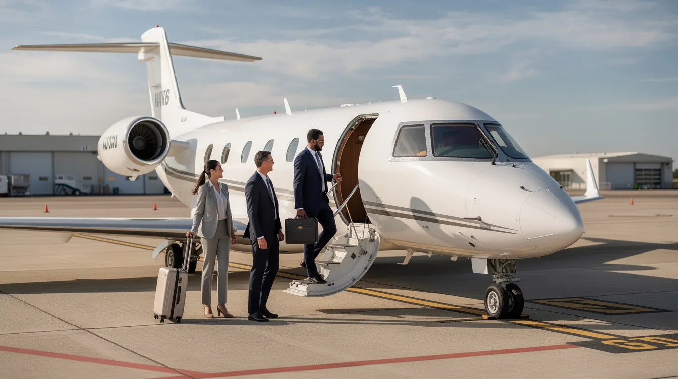 A small private jet, specifically a Hawker 400XP, is parked on the tarmac of a regional airport, with business travelers boarding the aircraft. This light jet is designed for executive aviation, featuring a spacious cabin capable of accommodating seven passengers, ideal for mid-range flights and in-flight meetings.