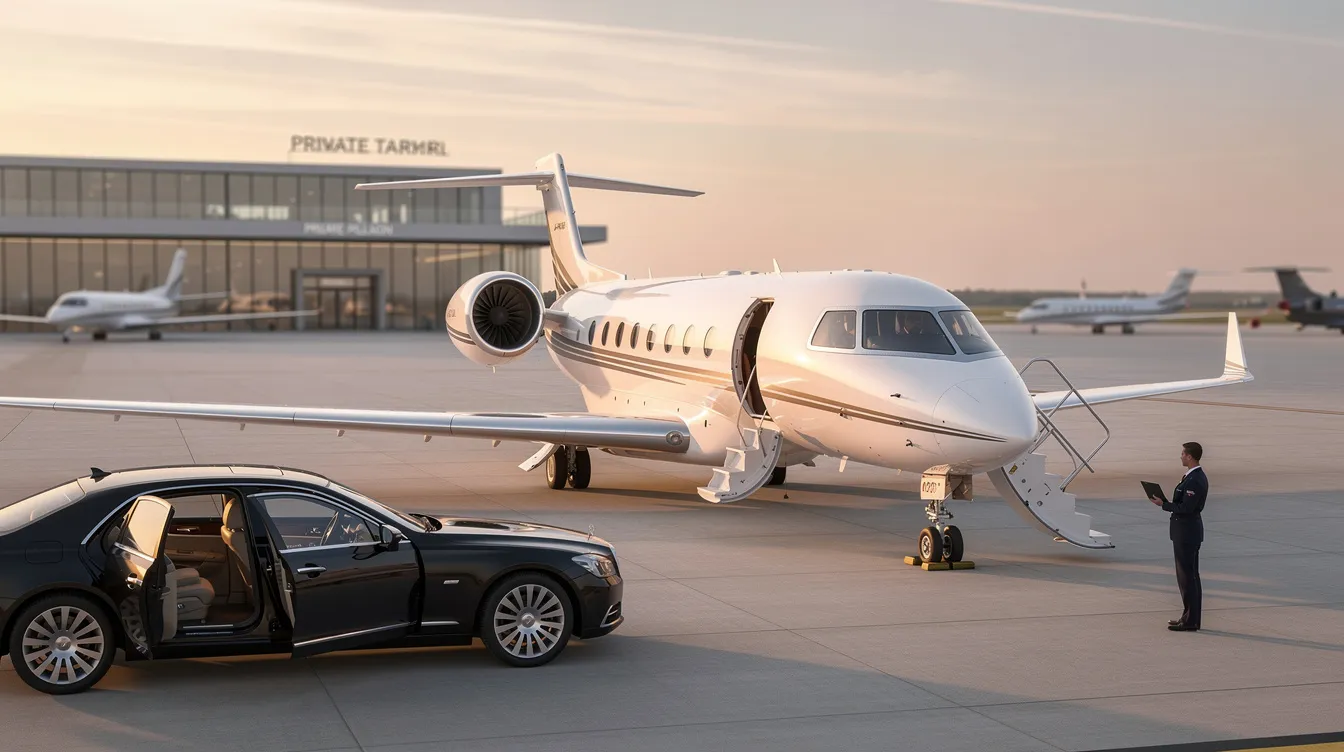 The image depicts a luxurious private jet interior, showcasing spacious cabin dimensions designed for business travelers, with comfortable seating arrangements for passengers and a well-appointed lavatory. It highlights the jet's maximum range and performance capabilities, emphasizing the convenience of private jet charter for those looking to travel efficiently and in style.