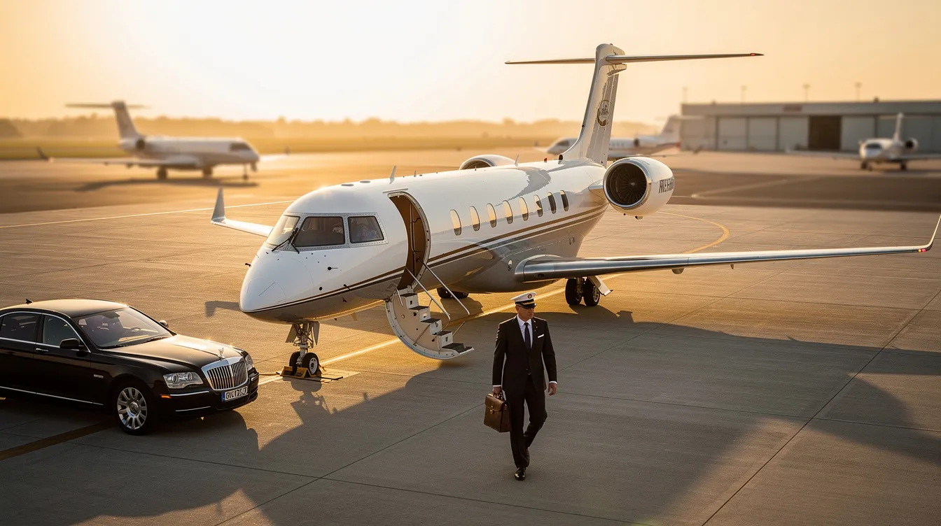 The image depicts a luxurious private jet interior, showcasing spacious cabin dimensions designed for business travelers, with comfortable seating arrangements for passengers and a well-appointed lavatory. It highlights the jet's maximum range and performance capabilities, emphasizing the convenience of private jet charter for those looking to travel efficiently and in style.