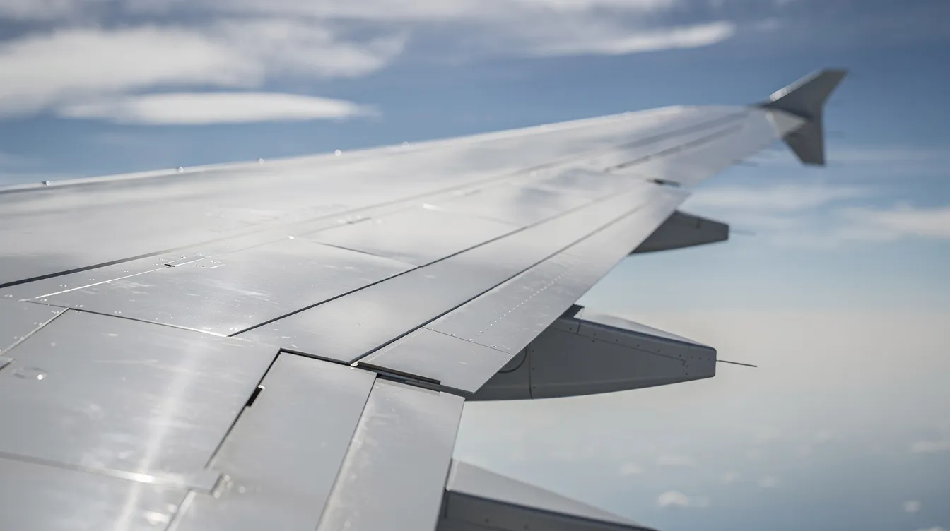 The image features a close-up view of a piper aircraft wing, showcasing its smooth metal surface and tapered design, characteristic of the Warrior III model. The wing's leading and trailing edges highlight its aerodynamic features, contributing to improved flight characteristics and lower induced drag.