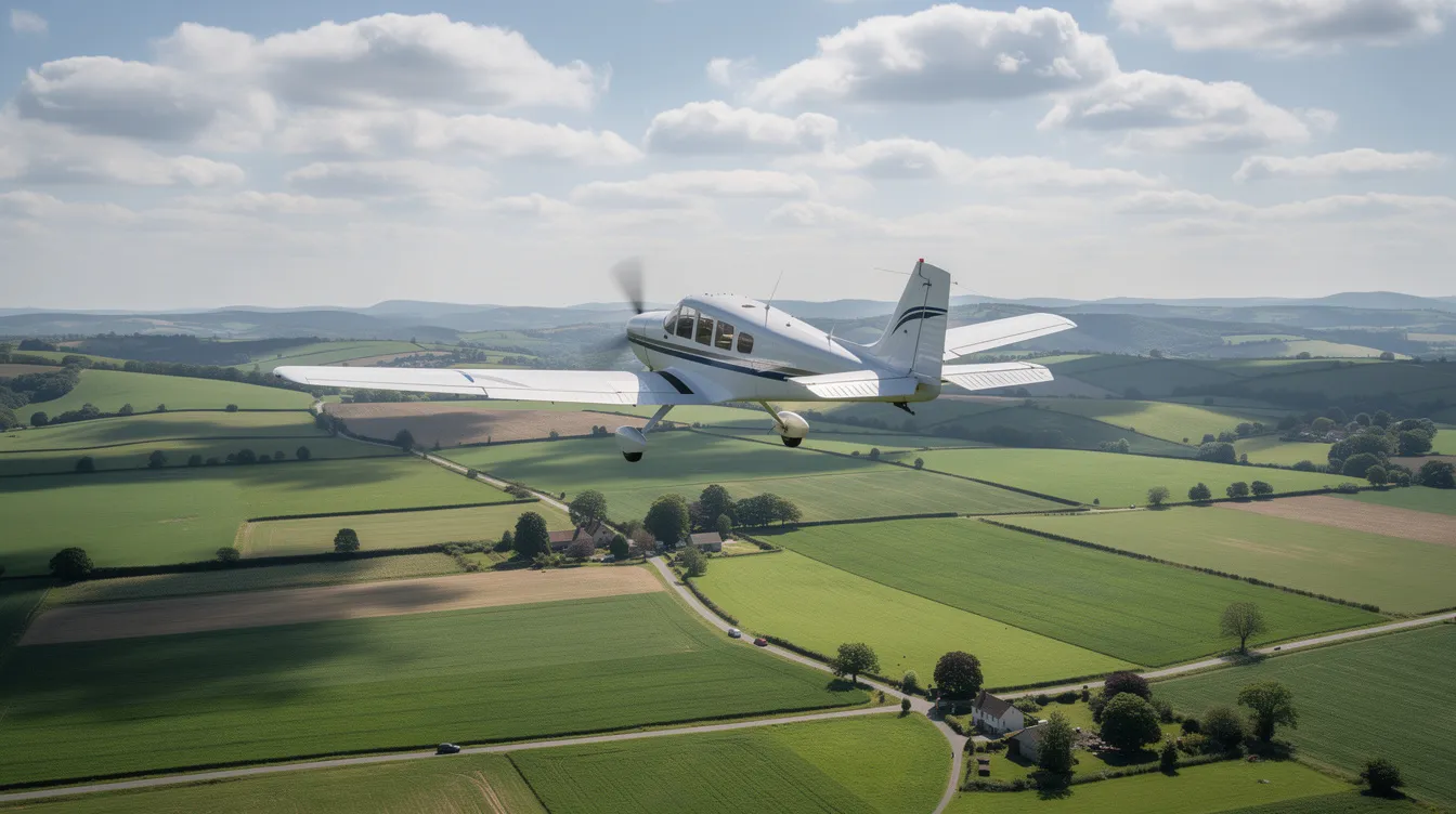A single-engine Piper Warrior PA-28 aircraft is soaring above a lush green countryside dotted with fluffy, scattered clouds. The plane, known for its fixed landing gear and Hershey bar wing design, showcases its flight characteristics as it glides gracefully through the clear blue sky.