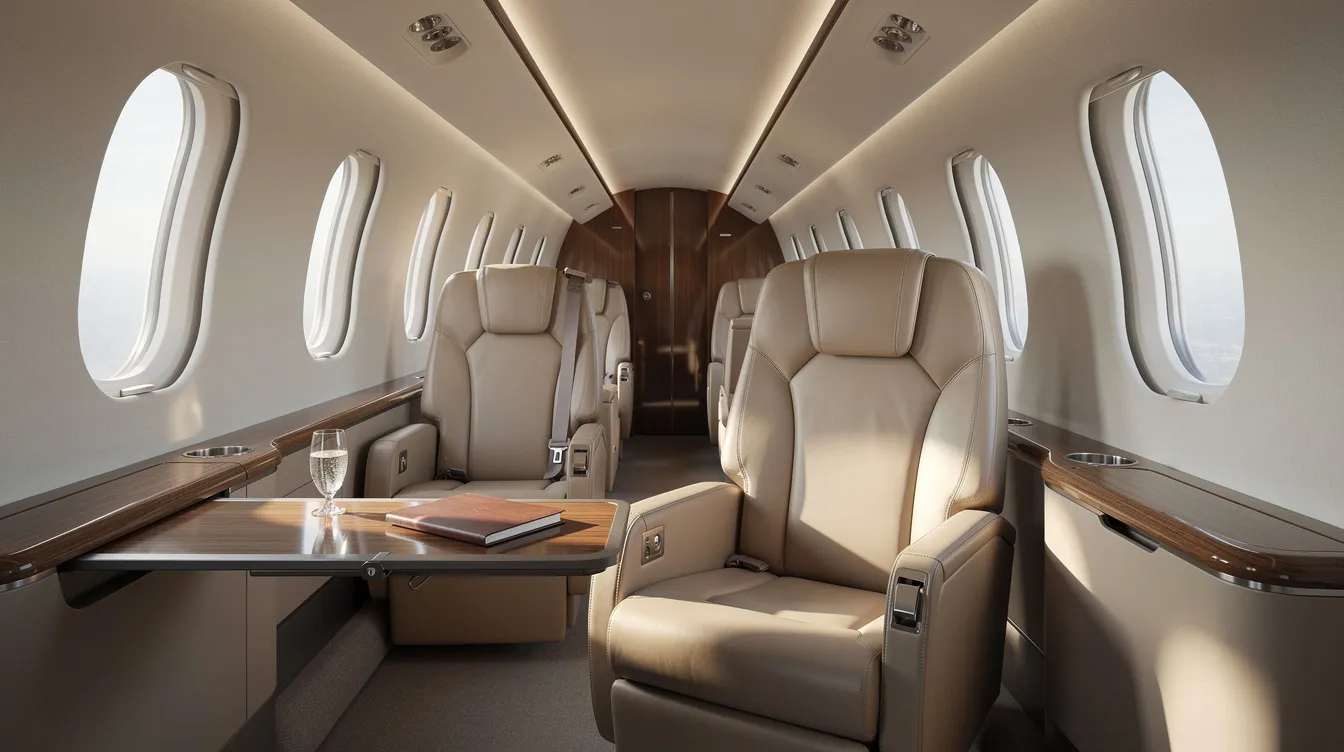 The image depicts a luxurious private jet interior featuring plush leather seats bathed in natural light, creating an elegant and inviting atmosphere for air travel. This setting is ideal for business flyers seeking comfort and style while planning ahead for their next international or domestic trip.