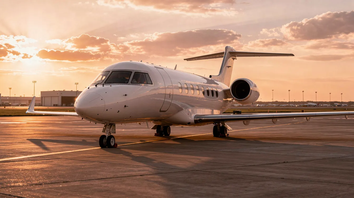 A business jet is parked on the airport tarmac, bathed in the warm hues of sunrise, symbolizing the luxury of air travel. This image captures the essence of planning ahead for international trips and booking flights to secure the best prices.