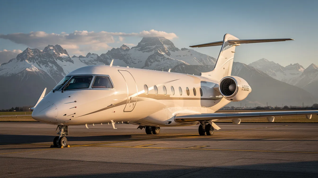 A sleek private jet aircraft is positioned on a runway, with majestic mountains rising in the background, showcasing the elegance of modern aviation. This fixed wing aircraft is ready for takeoff, reflecting the luxurious nature of corporate travel.
