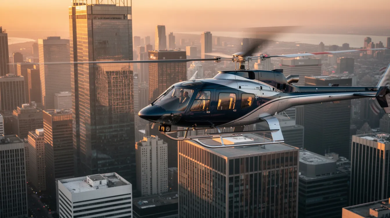 An executive helicopter, a type of rotary wing aircraft, is soaring over a bustling urban skyline, showcasing its sleek design against the backdrop of modern buildings. The helicopter's rotating blades create a dynamic scene as it navigates the surrounding air with precision.