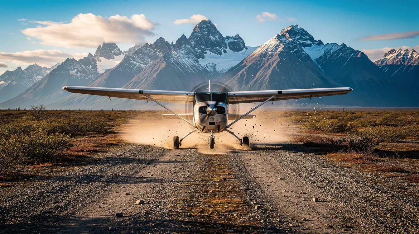 A small bush plane is landing on a gravel airstrip, with the majestic Alaska Range mountains in the background, showcasing the adventure and beauty of charter flights in Alaska. This scene captures the essence of reliable air travel, connecting communities and providing access to remote areas.