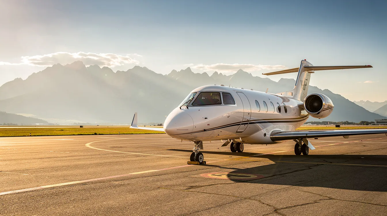 A small private jet is parked on a sunny airport tarmac, with majestic mountains in the background, ready for a weekend getaway or cross country flights. This light aircraft, perfect for up to four passengers, symbolizes the convenience of aircraft rental for those with a valid pilot certificate.