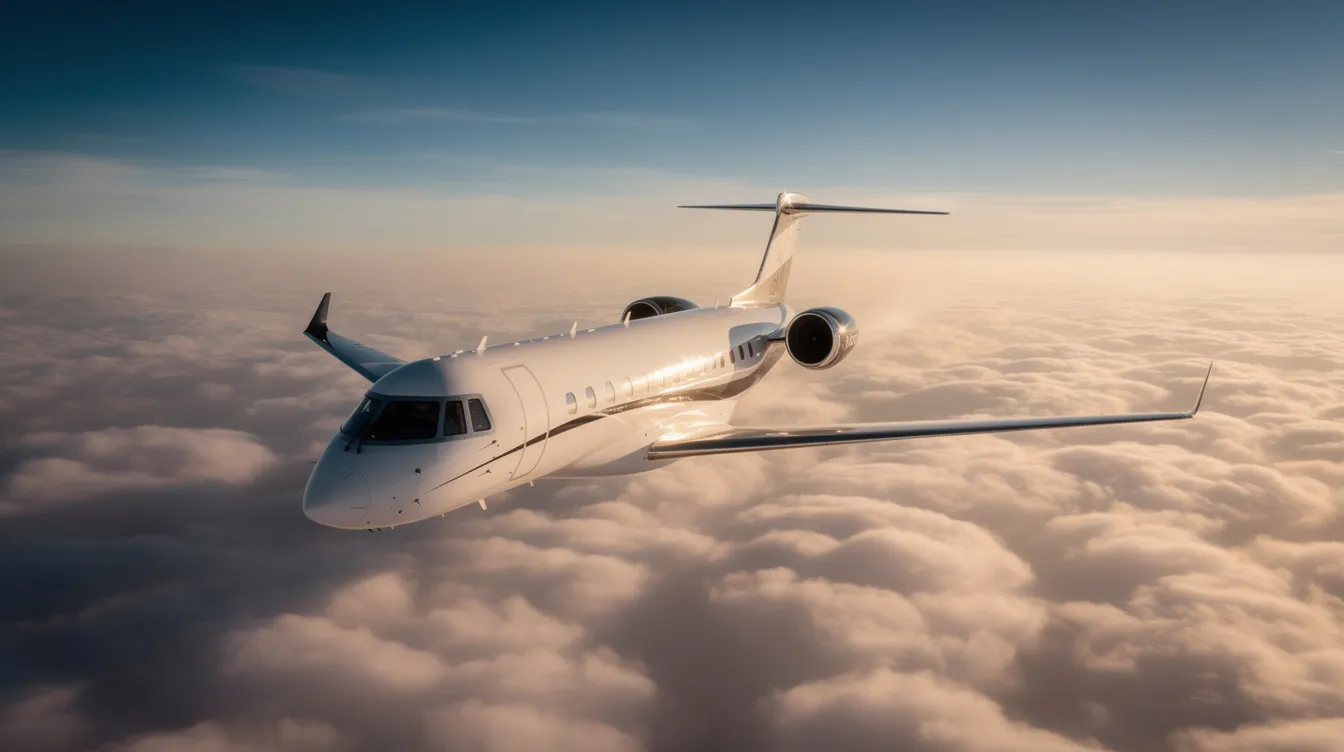 A sleek business jet soars gracefully above a sea of fluffy white clouds, showcasing its impressive design and powerful engines. This aircraft represents the freedom and efficiency of aircraft ownership, appealing to aircraft buyers seeking hassle-free travel solutions.