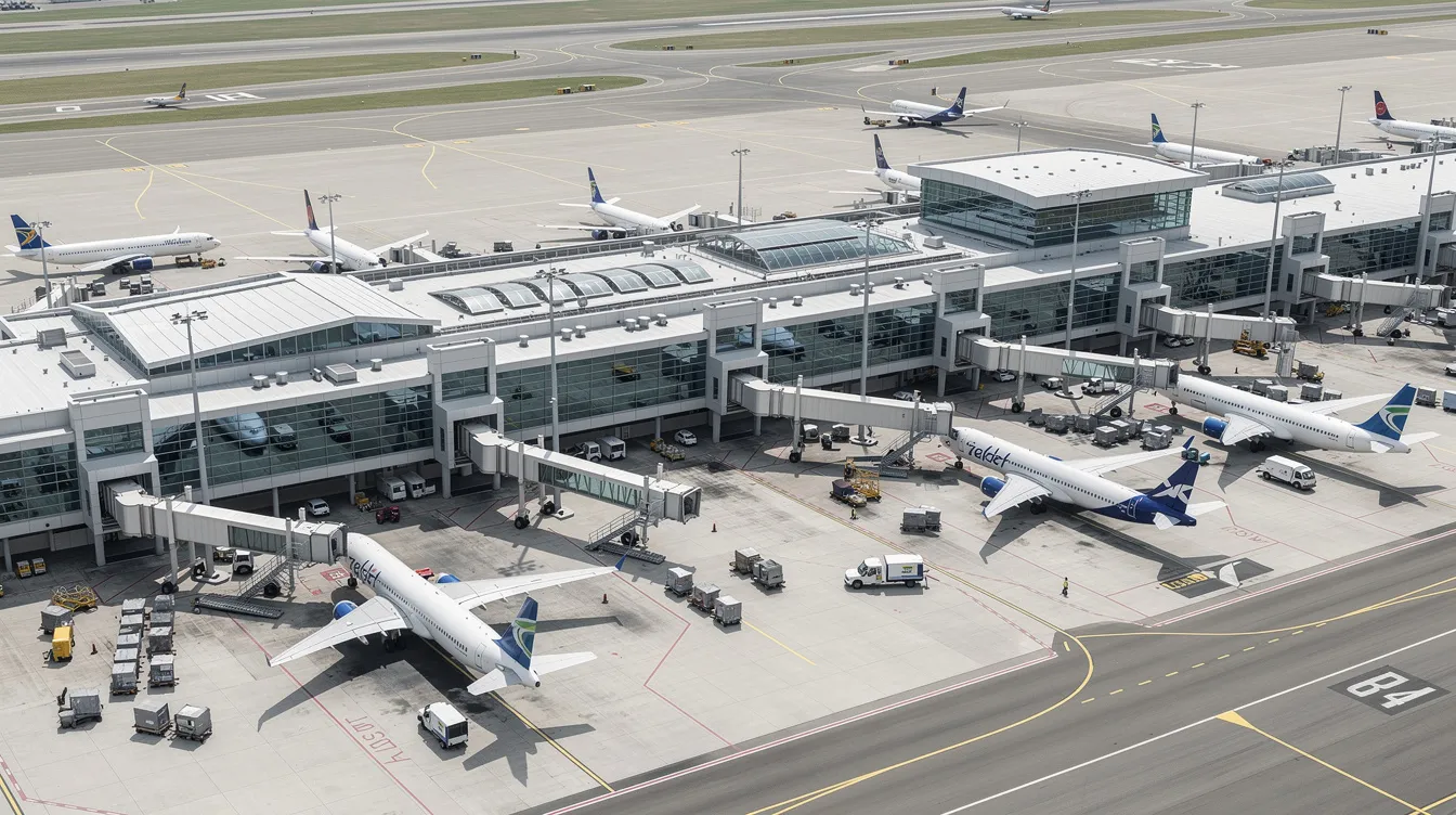 An aerial view captures a bustling airport terminal with multiple aircraft from Delta Air Lines parked at various gates, showcasing a mix of domestic and international flights. Passengers can be seen moving about, likely checking in or boarding their flights, highlighting the vibrant activity typical at major Delta hubs like Salt Lake City and Atlanta.