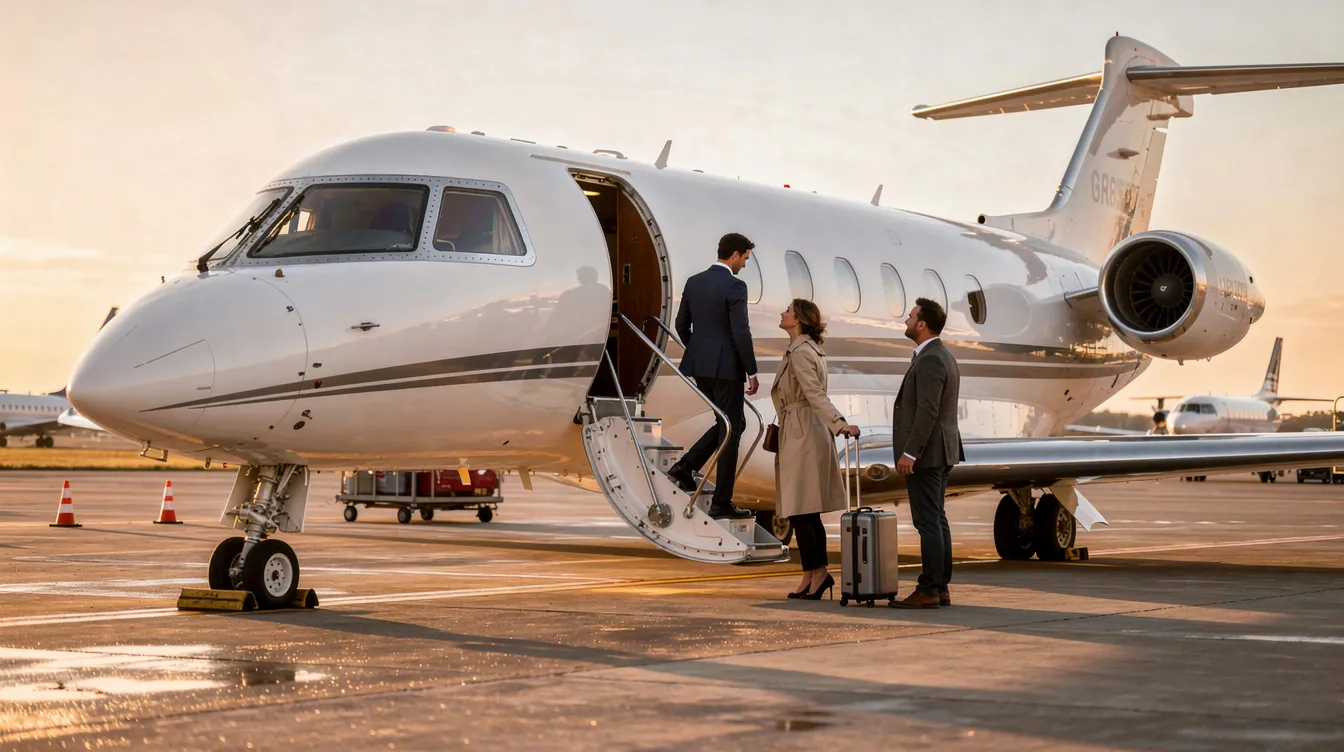 A private business jet is parked on the tarmac at Scottsdale Airport, with passengers boarding the aircraft. The scene captures the essence of jet aviation and business travel in the vibrant city of Scottsdale, Arizona.