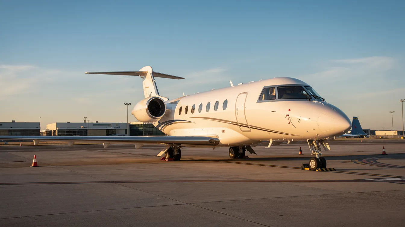 A small private jet is parked on the airport tarmac under clear blue skies, ready for travelers seeking a cost-effective way to experience private aviation. This aircraft offers the potential for empty leg flights, providing flexible schedules for those looking to book an empty leg at unbeatable prices.