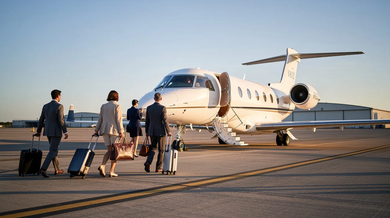 A group of passengers is walking towards a small private jet on a runway at a private airport, ready to board for their flight. This scene captures the essence of private jet travel, highlighting the convenience and luxury associated with charter flights.