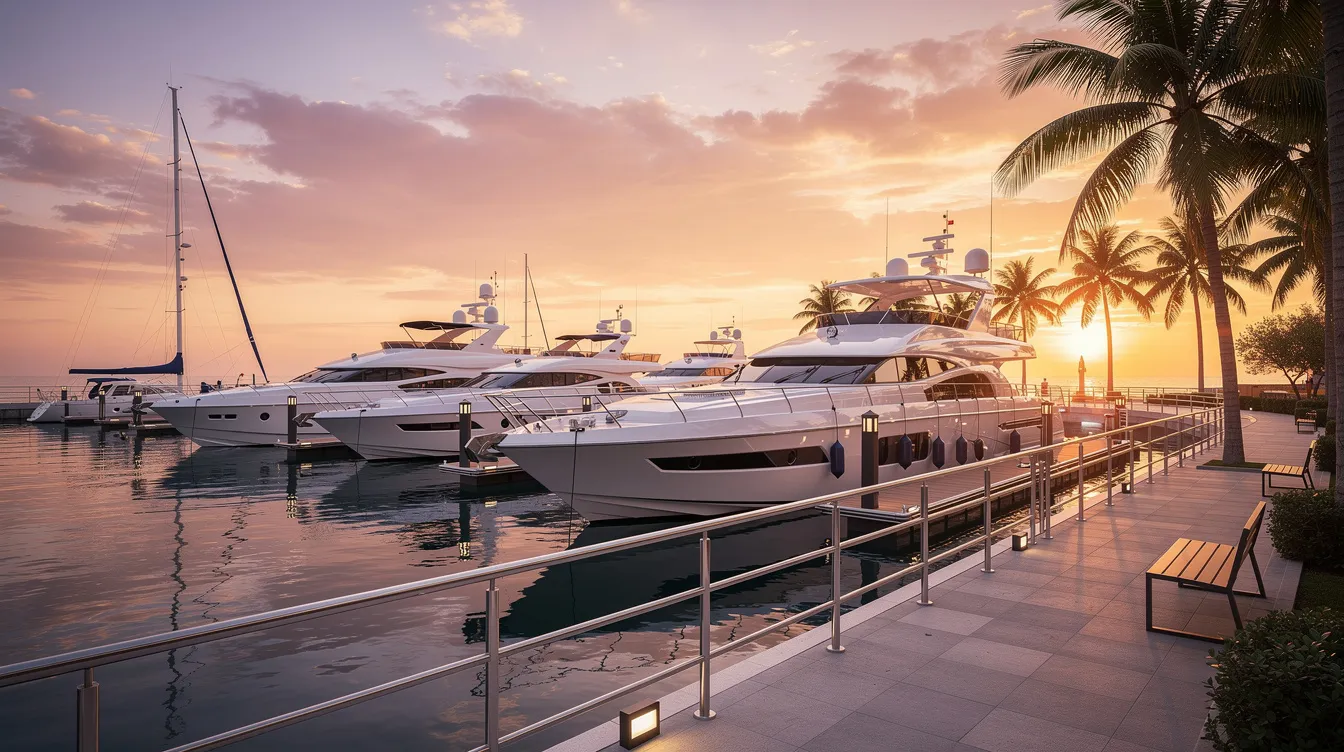 The image depicts a scenic marina filled with luxury yachts surrounded by palm trees, all bathed in the warm glow of a sunset. This picturesque view captures the essence of Puerto Vallarta, a beautiful coastal city known for its stunning beaches and vibrant culture.