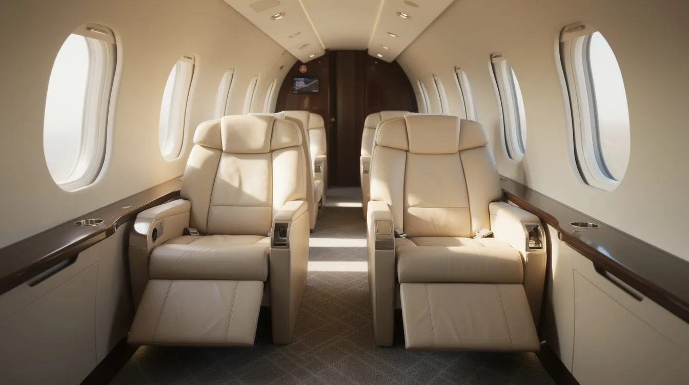 The image depicts the luxurious interior of a private jet cabin, featuring plush leather seats bathed in natural light. This elegant space exemplifies the comfort and style of private jet travel, perfect for discerning travelers heading to destinations like Puerto Vallarta.