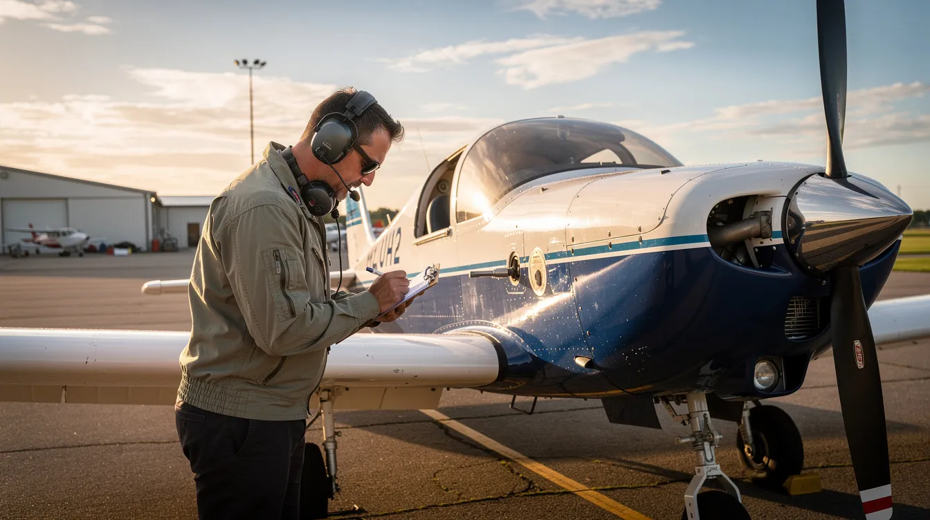 A pilot is conducting a pre-flight inspection on a small light sport aircraft, ensuring it is in perfect condition before flight. The aircraft features a sleek design and a glass cockpit, making it an excellent choice for recreational flyers and those taking flight training lessons.