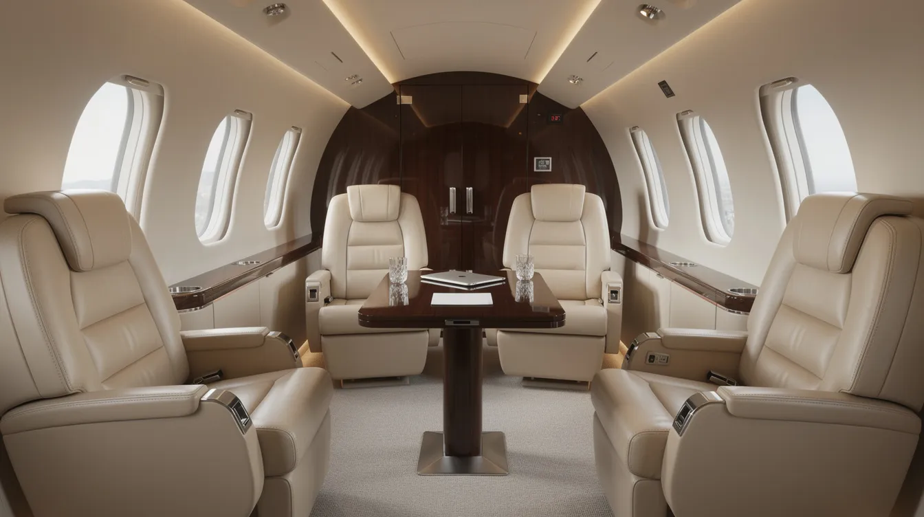 The image depicts the luxurious interior of a private jet cabin, featuring plush leather seats arranged around a small meeting table, ideal for business travelers seeking comfort and privacy during their private jet flights. The spacious design and high-end amenities highlight the key differences between private aviation and commercial flights.