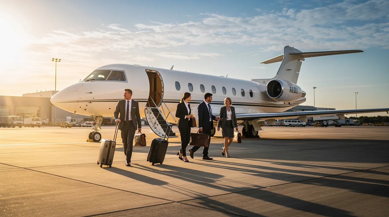 A group of business travelers is walking towards a private aircraft on a sunny day, showcasing the allure of private jet travel. The scene highlights the convenience and luxury of flying private, contrasting with the long lines and security checks often associated with commercial flights.