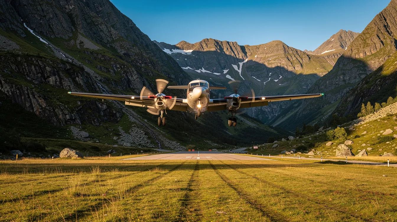 A turboprop aircraft is landing on a short grass runway, surrounded by majestic mountains, showcasing its capability as a regional aircraft designed for accessing remote communities. The scene captures the aircraft's circular cross-section fuselage and extended range, emphasizing its role in providing direct air service for charter operators and enhancing passenger comfort during their journey.