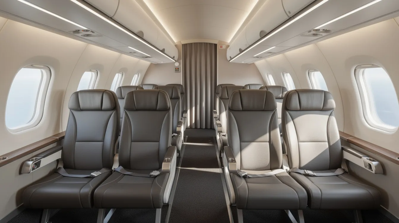The image depicts the interior of a regional jet cabin featuring comfortable leather seats arranged in a 2-2 configuration, with overhead bins for luggage and soft aisle lighting enhancing the passenger experience. This setup is designed to provide an all-inclusive experience tailored for travelers, ensuring comfort during flights to remote communities.