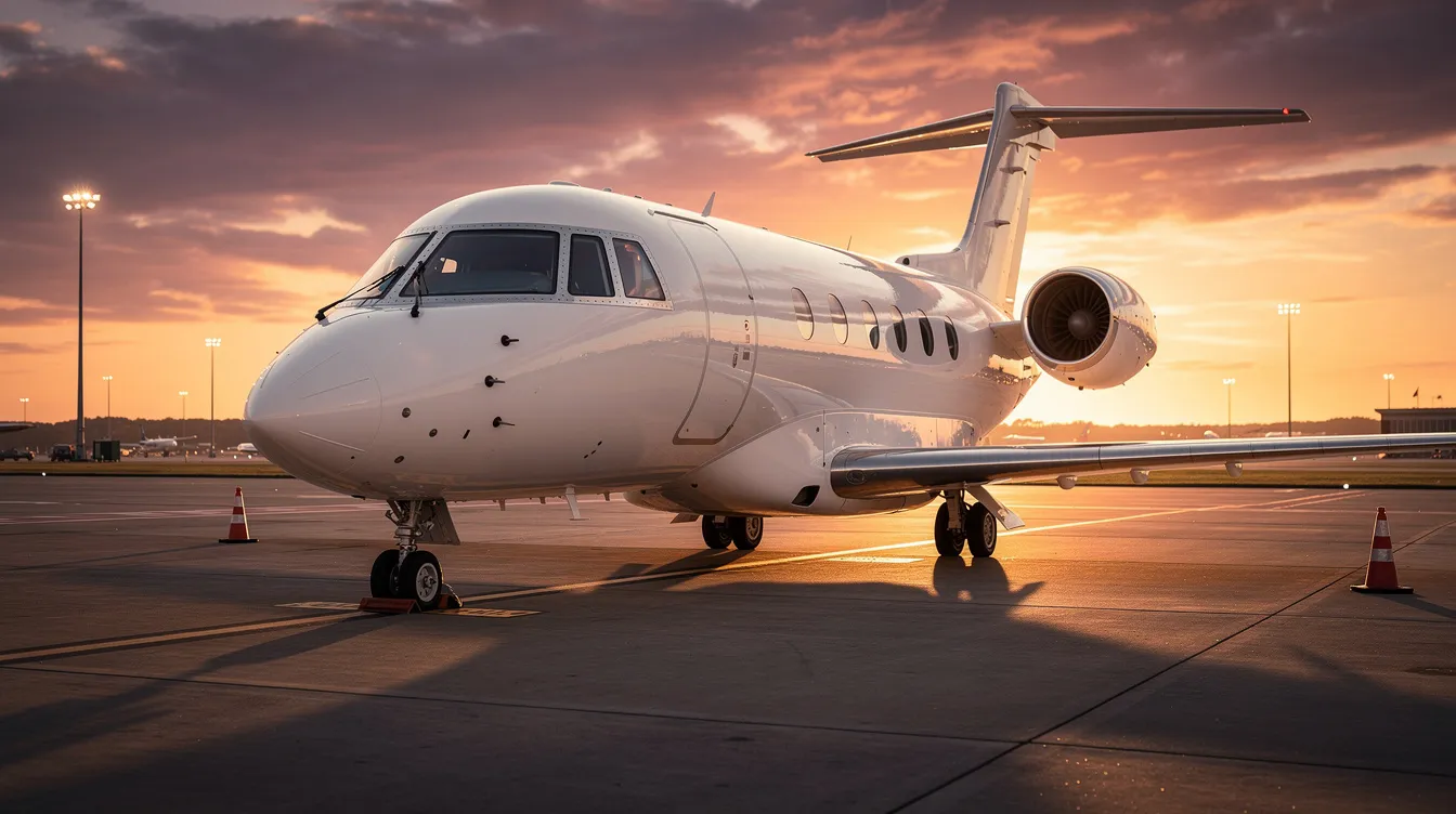 A sleek private jet is parked on an airport tarmac during a vibrant sunset, casting long shadows and reflecting the warm colors of the sky. This modern aircraft, reminiscent of advanced fighter jets, symbolizes luxury and sophistication in aviation.