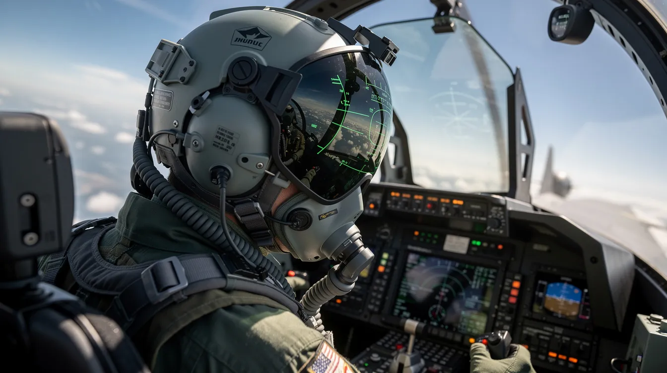 A military pilot sits in the cockpit of a fifth-generation fighter jet, equipped with a helmet-mounted display that enhances situational awareness and air combat capabilities. This advanced aircraft, part of the United States Air Force's fleet, showcases cutting-edge stealth technology and modern avionics, making it one of the best fighter jets in the world.