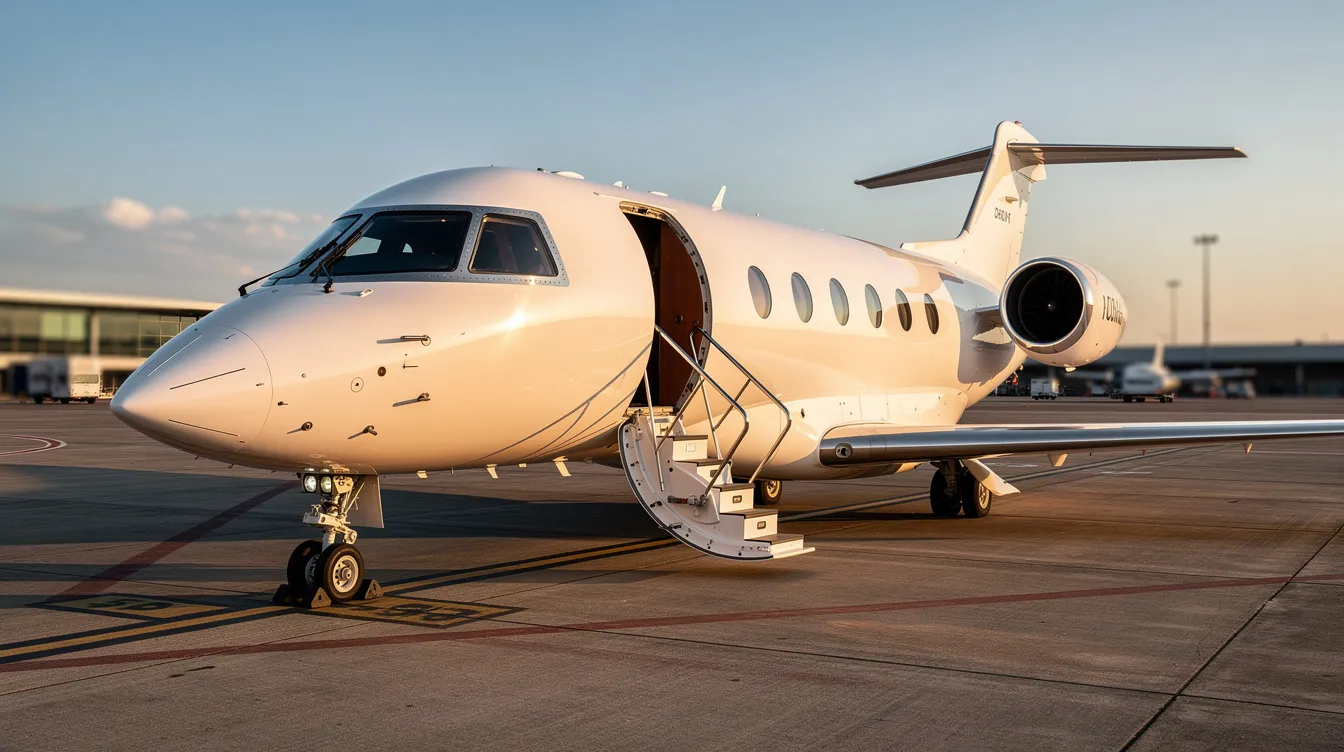 A private jet is parked on the airport tarmac with its stairs deployed, ready for passengers to board for their exclusive flight. This premium aircraft represents the luxury of private aviation, offering travelers the freedom to create their own schedule and enjoy in-flight amenities.