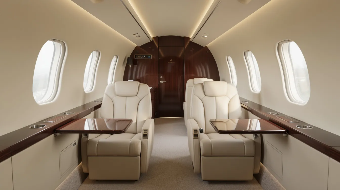 The image depicts the luxurious interior of a midsize business jet, featuring plush leather seats and elegant wood trim, designed for private aviation. This premium aircraft offers direct aisle access and in-flight amenities, ensuring a comfortable experience for passengers on their private flights.