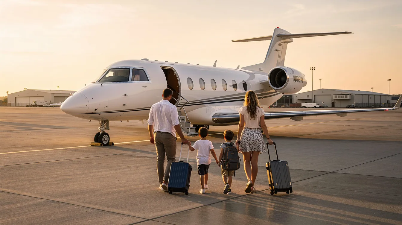 A family is walking together toward a small private jet on an airfield, ready for their weekend getaway. The aircraft, featuring a sleek design, represents a convenient option for private jet charter, allowing for a comfortable and exclusive travel experience.