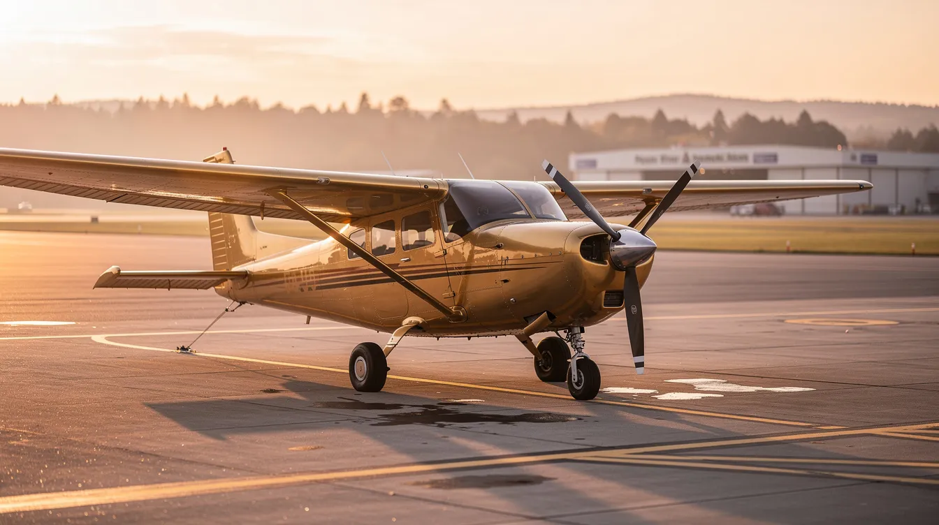 A small single-engine aircraft is parked on a regional airport ramp, bathed in the warm glow of golden hour light. This well-maintained aircraft is ideal for weekend rentals, offering a perfect option for private aviation enthusiasts looking to enjoy scenic flights or training opportunities.