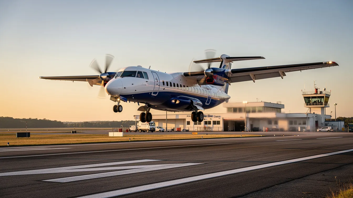 A modern turboprop aircraft is taking off from a regional airport runway, showcasing its sleek design and powerful engines. This scene highlights the convenience of airplane rental services offered by various rental companies for business travelers and flying enthusiasts alike.