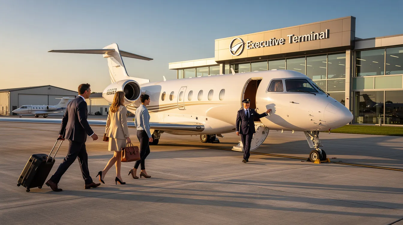 A private jet is parked at a small executive airport terminal, with passengers approaching the aircraft for their journey. This scene highlights the convenience of aircraft rental for business travelers and those looking for a quick getaway, showcasing the accessibility of rental services at smaller airports.