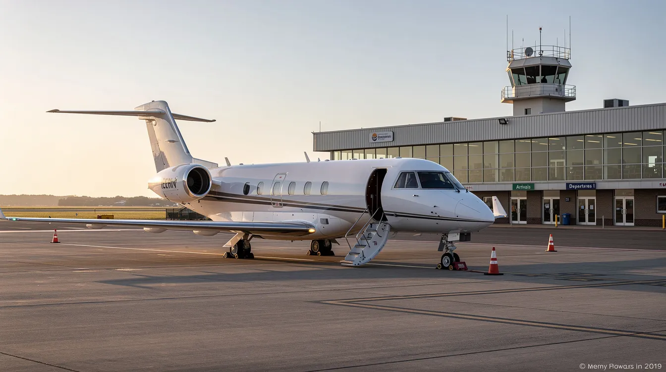 A small private jet is parked next to a regional airport terminal, showcasing a sleek design and bright exterior. This scene highlights the accessibility of air travel, offering travelers the option to explore multiple airports with potential deals on cheap flight tickets.