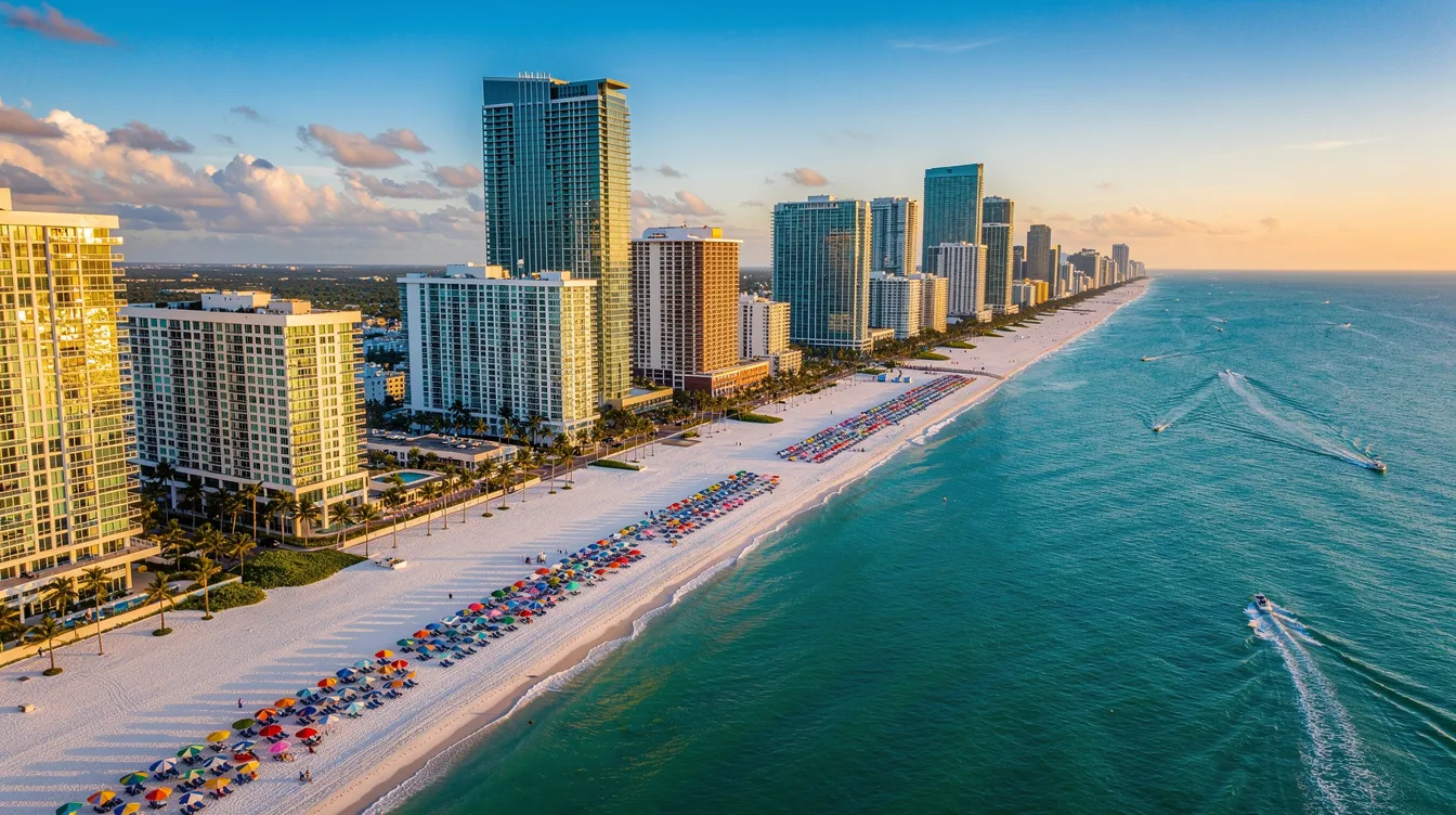 An aerial view showcases the stunning Miami coastline, featuring a vibrant city skyline against the backdrop of the ocean. This picturesque scene highlights the beauty of travel destinations, perfect for those searching for cheap flights to explore such breathtaking locations.