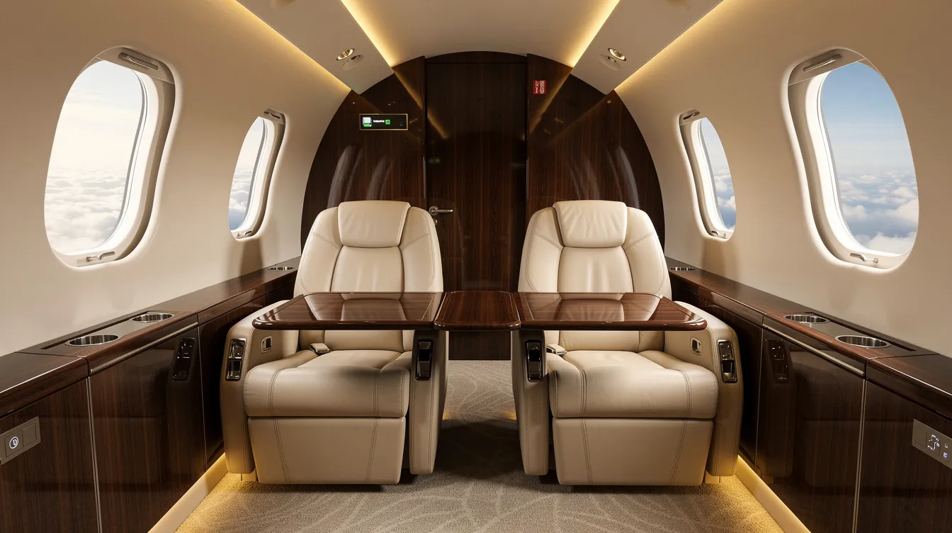 The image showcases the luxurious interior cabin of a private jet, featuring plush leather seats and elegant finishing that exemplify the comfort and style associated with private aircraft ownership. This sophisticated environment is designed for a premium flying experience, ideal for private jet owners and those considering purchasing a private jet.
