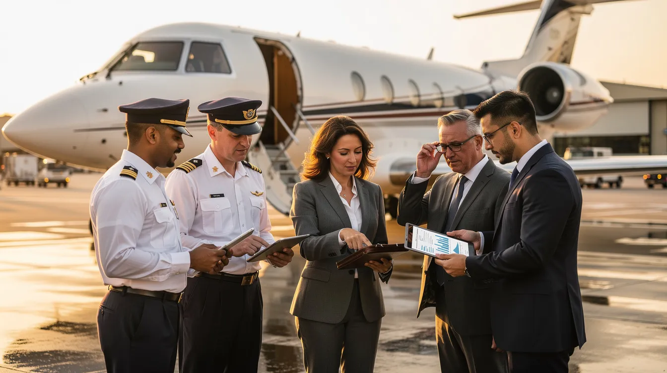 A group of pilots and executives are gathered near a private jet on the airport tarmac, discussing important documents related to aircraft ownership and management. This scene highlights the complexities of owning a private aircraft, including considerations like operating costs and maintenance programs.