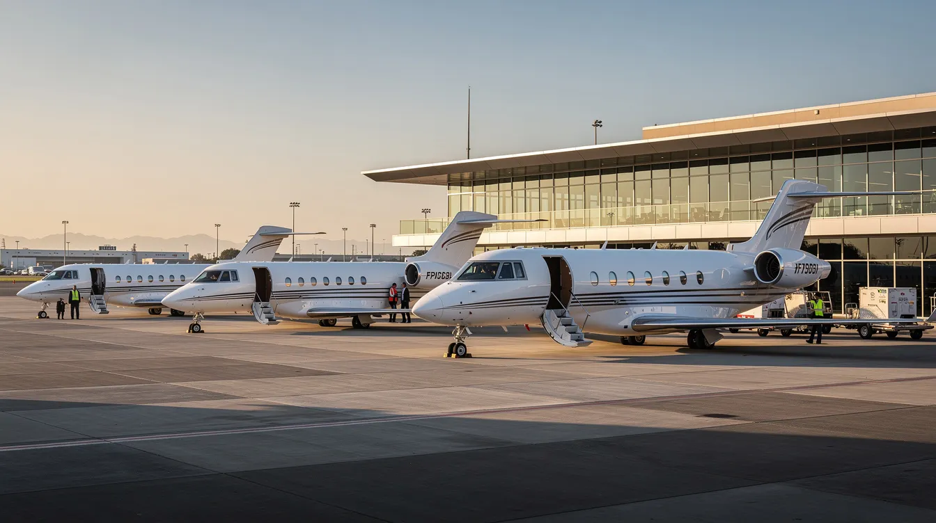 The image depicts multiple private jets of varying sizes parked at a fixed-base operator facility, showcasing a range of aircraft ownership options from light jets to midsize jets. This scene highlights the luxury and flexibility of private jet ownership, emphasizing the significant investment involved in purchasing a private jet for personal or business use.