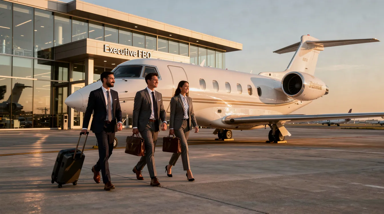 A group of executive travelers is walking toward a sleek private jet parked at a Fixed Base Operator (FBO) terminal, ready for their business flight. The scene highlights the luxury of owning a private aircraft and the convenience it offers for efficient travel.