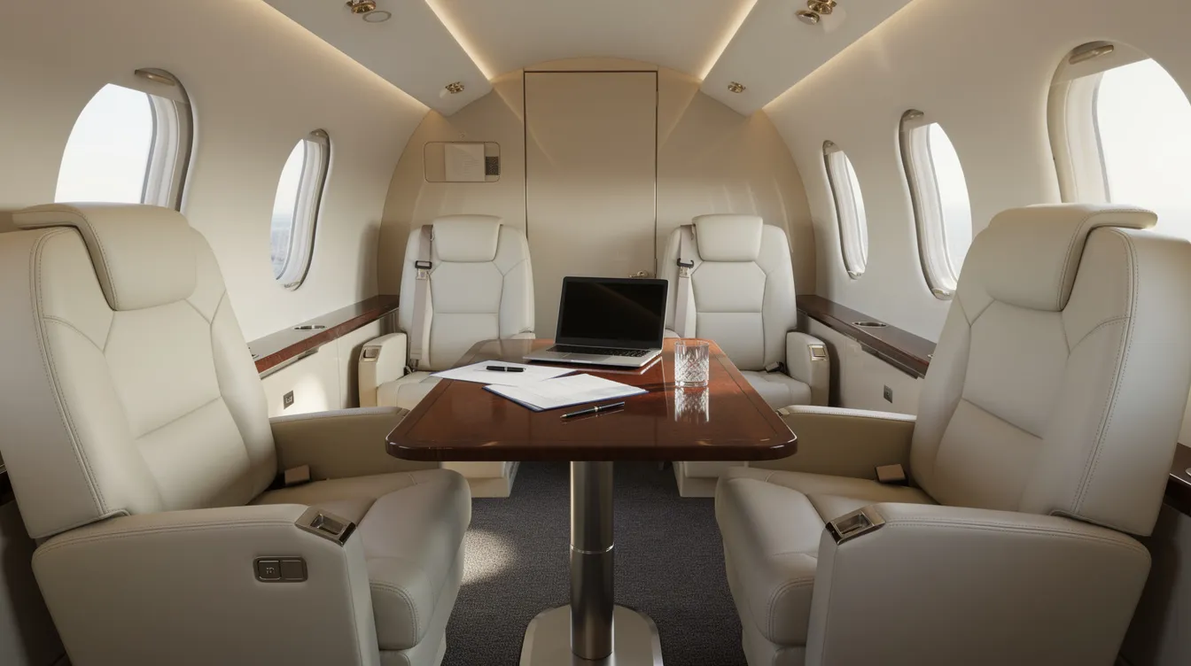 The image depicts the luxurious interior of a private jet cabin, featuring plush leather seats and a sleek work table, perfect for conducting business or enjoying a relaxing flight. This elegant space invites you to imagine the comfort and convenience of taking a private plane, where you can unwind or connect with others while soaring through the skies.