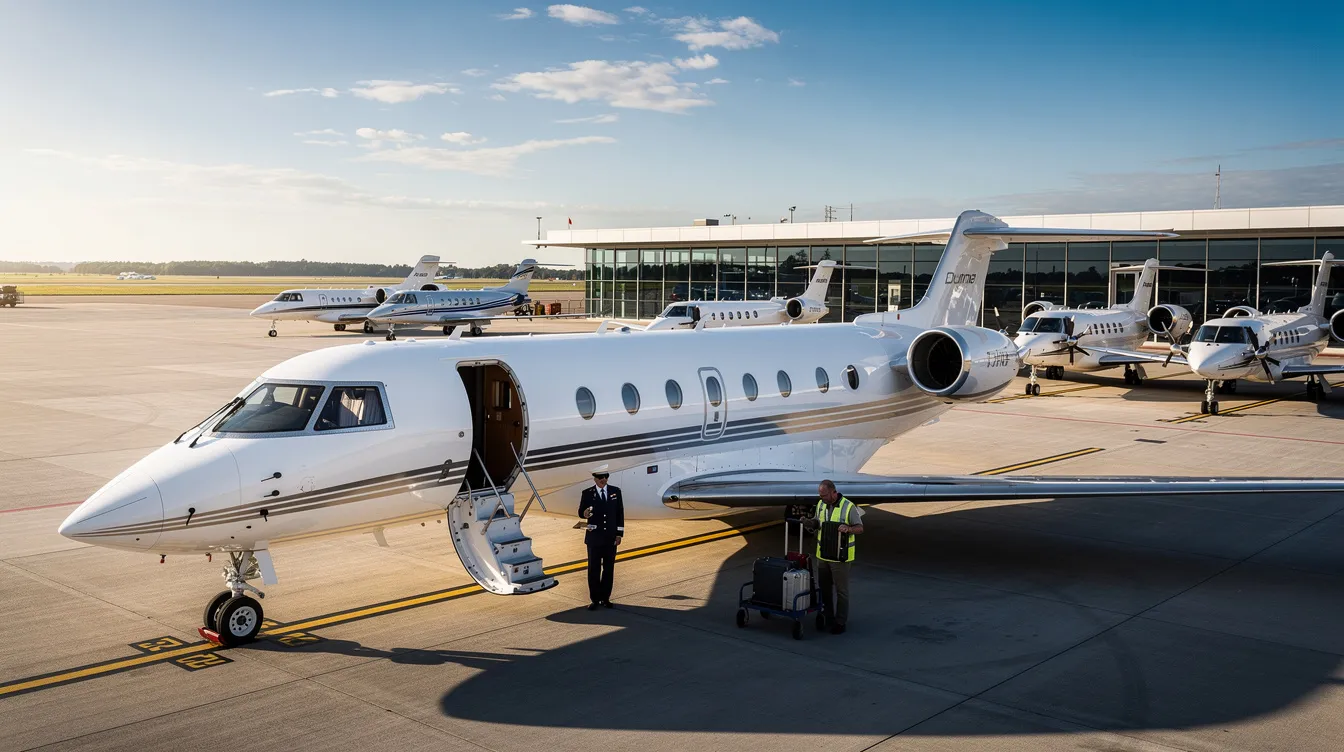 The image depicts a sleek private plane parked on a tarmac, ready for takeoff under a starry night sky. It evokes a sense of luxury and adventure, inviting viewers to imagine the freedom of flying away to distant destinations.