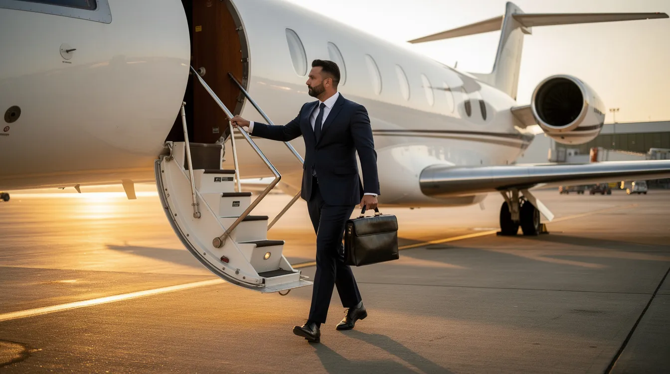 A business executive is seen boarding a luxurious private jet on the airport tarmac, showcasing the convenience and comfort that private aviation offers compared to commercial airlines. The aircraft, likely a Bombardier Global or Dassault Falcon, is designed for long-range flights, providing ample room and advanced technology for an exceptional flying experience.