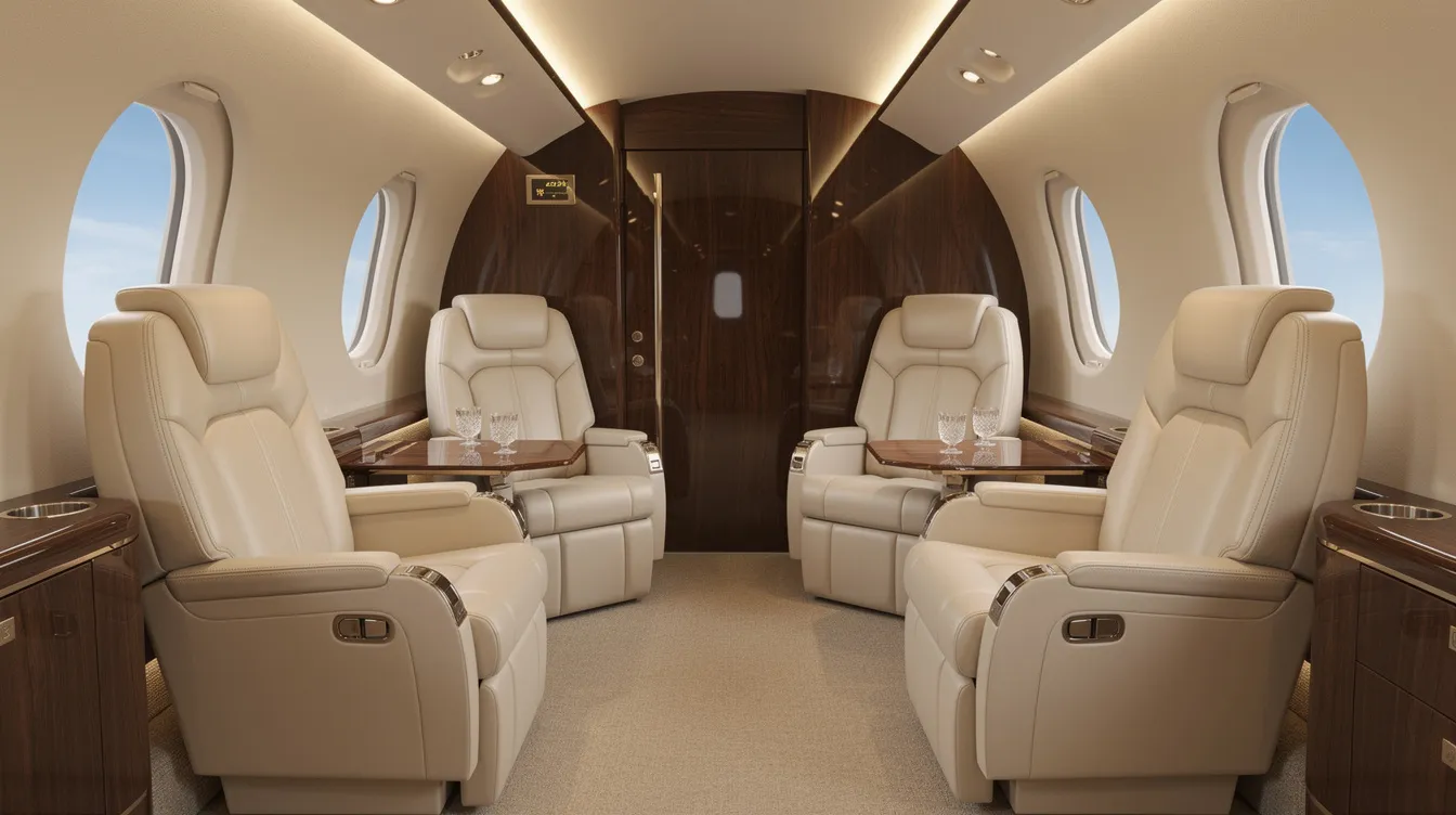 The image depicts a luxurious private jet interior featuring cream leather seats and elegant wood panel finishing, designed to offer maximum comfort and a spacious cabin experience for passengers. This opulent setting is a hallmark of private aviation, distinguishing it from commercial airlines and catering to the needs of business meetings and intercontinental flights.